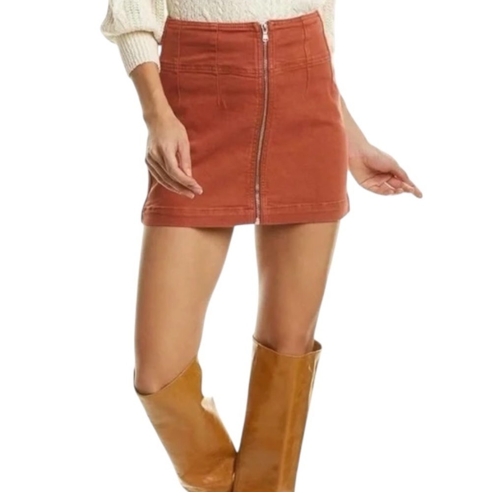 FREE PEOPLE Virgo Zip Front Mini Skirt Rust Orange Sz 27 Denim Festival We The